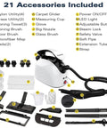 Heavy Duty Handheld Steam Cleaner Kills Stubborn Grime On Tile Floors Sofas And Rugs Around Your Spot Using Flat Out Hot Steam And 21 Tool Attachments, showing included accessories.