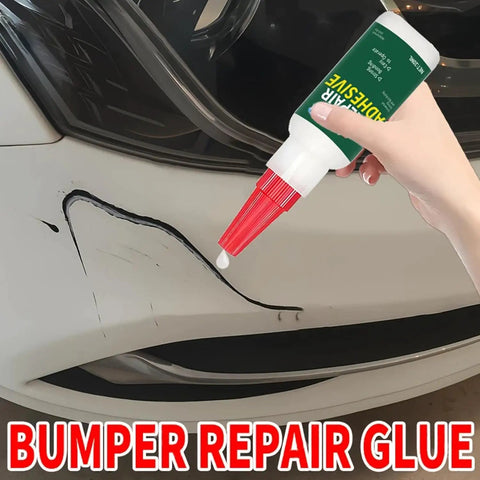 Heavy Duty Car Bumper Repair Adhesive For A Hella Strong Quick Fix On Cracked Plastic and Broken Auto Housing using bottle on damaged car bumper.