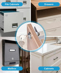 Collage showing Cabinet Cam Lock Set 5 Pack Keyed Alike 1-1/8 Inch Cam Locks for file cabinets, drawers, mailboxes, cabinets.