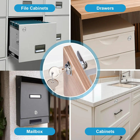 Collage showing Cabinet Cam Lock Set 5 Pack Keyed Alike 1-1/8 Inch Cam Locks for file cabinets, drawers, mailboxes, cabinets.