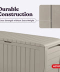 Marvel Plus 71 Gallon Resin Outdoor Storage Box for Patio Cushions Throws Garden Tools and Pool Floats All Weather Wood Look Beige Deck Storage Bin Outdoors with durable construction.
