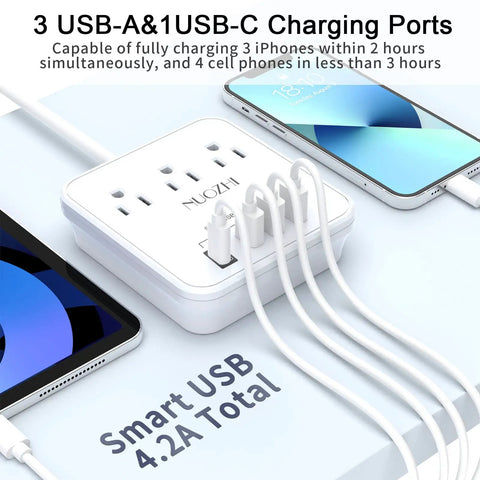 Six Foot Power Strip With Three Outlets And Four USB Ports Including One USB C For Cruise Ship Travel And Home Office Use No Surge Protection ETL Listed White, showing charging phones and tablets.