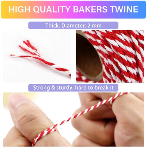 Red and white bakers twine close-up, 2mm diameter, part of Colorful Jute Twine 2mm 3 Strands For Arts And Crafts Gift Wrap Set 15 Rolls