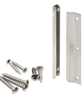 Heavy Duty Inswing Door Latch Shield Guard With Solid Steel Construction And Satin Nickel Finish Includes Tamper Resistant Screws, close-up of screws and shield parts.
