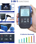 Front view of 5-in-1 fiber optic tester with LCD display, keypad, and blue protective casing.