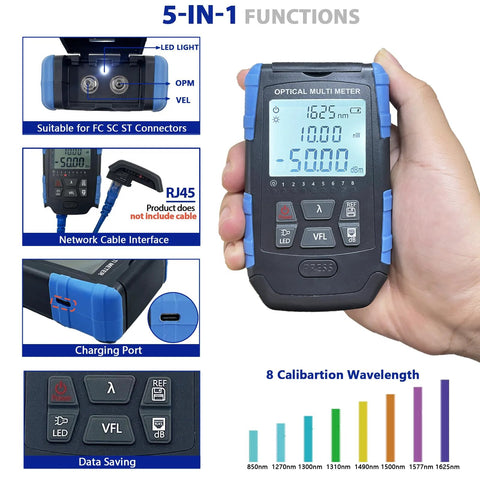 Front view of 5-in-1 fiber optic tester with LCD display, keypad, and blue protective casing.