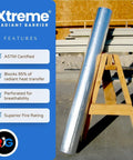 Top Tier Radiant Barrier Attic Insulation Covering 1000 Square Feet With Four Rugged 250 Foot Rolls shown on wood stand.