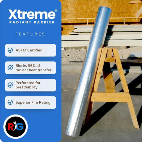 Top Tier Radiant Barrier Attic Insulation Covering 1000 Square Feet With Four Rugged 250 Foot Rolls shown on wood stand.