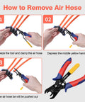 Air Line Removal Tool For 3/8 And 1/2 Inch Push-To-Connect Fittings With Quick Release Pliers One-Handed Disconnection For Pneumatic Systems Quick Connects Automotive Hoses And Maintenance, black metal pliers with red and blue handles removing air hose