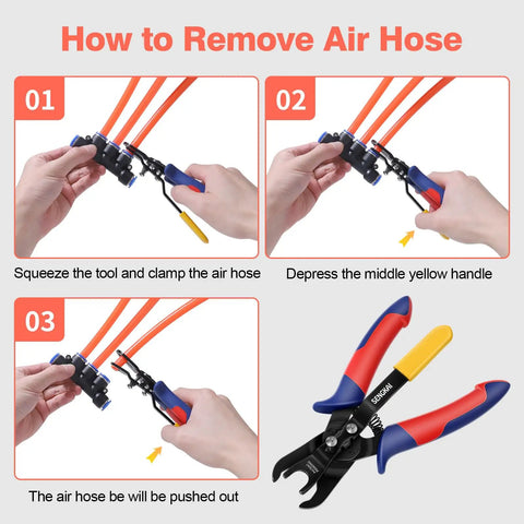 Air Line Removal Tool For 3/8 And 1/2 Inch Push-To-Connect Fittings With Quick Release Pliers One-Handed Disconnection For Pneumatic Systems Quick Connects Automotive Hoses And Maintenance, black metal pliers with red and blue handles removing air hose