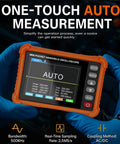 Person holding Handheld Oscilloscope With Probe Kit, Portable Pro Grade Lab Scope For Cars, showing AUTO measurement screen.