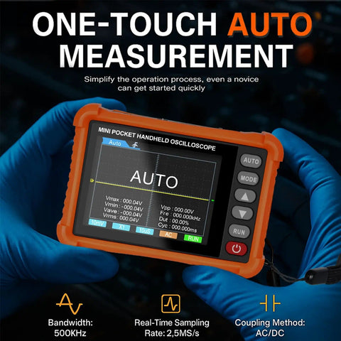 Person holding Handheld Oscilloscope With Probe Kit, Portable Pro Grade Lab Scope For Cars, showing AUTO measurement screen.