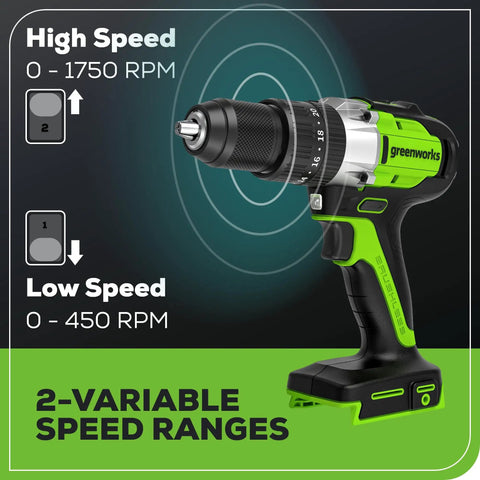 Cordless Hammer Drill With Brushless 24V Power One Half Inch Capacity 530 Inch Pounds Torque 4 Ah Battery And Charger Included Model DDG402 showing 2-variable speed ranges with green and black design.
