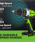 Built To Last 24V Brushless Hammer Drill Delivering Kick Ass 530 Inch Pound Torque And Two Speed Modes showing high and low speed settings.