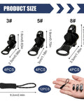 Universal Zipper Repair Kit with three size sets showing 3#, 5#, 8# sizes and zipper pulls for jackets, backpacks, coats, tents, luggage, and bags.