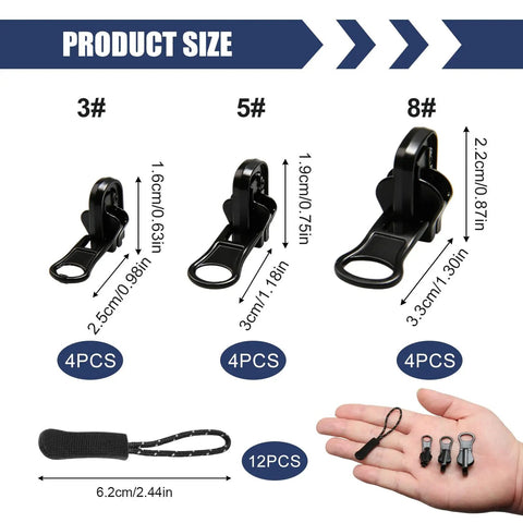 Universal Zipper Repair Kit with three size sets showing 3#, 5#, 8# sizes and zipper pulls for jackets, backpacks, coats, tents, luggage, and bags.