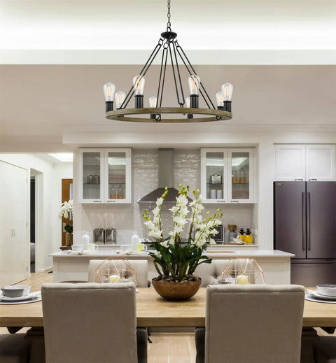 Rustic Wagon Wheel Chandelier With Eight Lights Large Farmhouse Round Kitchen Island Pendant In Smoked Birch Finish With Classic Black Accents Must Have Statement Piece Ceiling Light For Dining Room Or Entryway in modern dining setting.