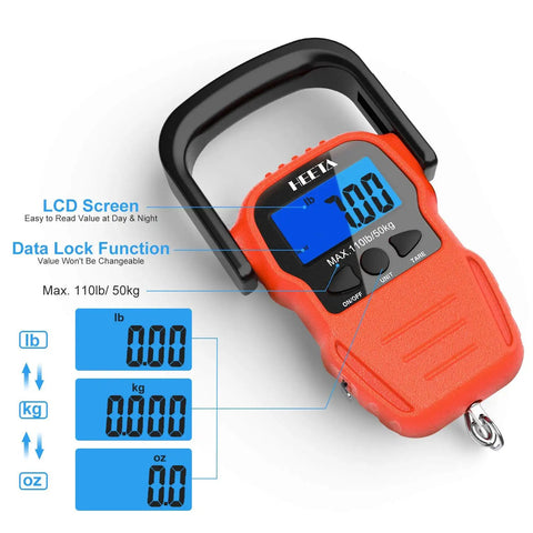 Portable Digital Fishing Scale With Measuring Tape, Backlit LCD Display, Data Lock, Lightweight 8.3 Oz Hanging Scale For Outdoor Fishing, Travel Luggage, Accurate Weight Readings For Freshwater And Saltwater, orange