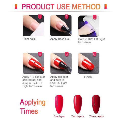 Steps to apply Six Color Hema Free Pink Gel Nail Polish Set With Soak Off Formula Vibrant Light Pink Gel Colors using LED lamp