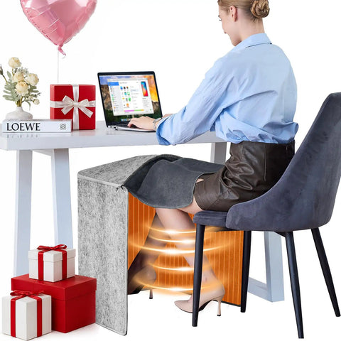 Under Desk Foot And Leg Warmer Space Heater Portable Quiet Personal Heater for home office indoor use with person at desk.