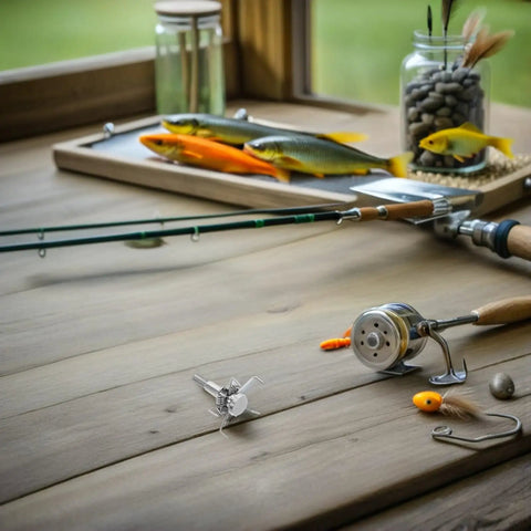 Stainless Steel Archery Arrowheads Set 8 Piece Judo Broadheads for Hunting and Small Game on wooden table with fishing gear.