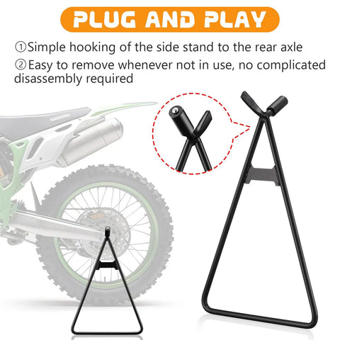 2 Pack Dirt Bike Triangle Stands For Rear Wheel Maintenance Stand Beefy Solid Steel Construction Fits 80cc To 500cc Dirt Bikes Motocross Supermoto Black With Anti Slip Feet For Stable Setup And Easy Storage In Garage Or Shop shown with plug and play design next to bike rear wheel.