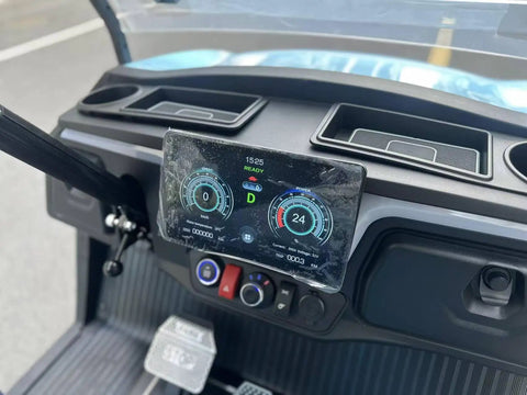 Slick Four Seater Electric Golf Cart Boasting Ridiculously Comfy Luxury Seats And Knobby Antislip Tires With A Sharp Hd Led Display showing dashboard features.