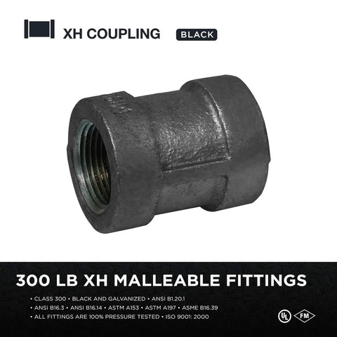 Single black XH coupling fitting from Heavy Duty 2 Inch Malleable Iron Threaded Nipples Connectors Pack Of 5 XH Coupling Pipe Fittings For DIY Projects.