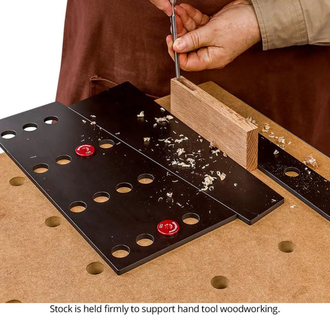 32 Piece Workholding Kit With Dog And Wedge Clamp Holdfast System For MFT Tables used for precise woodworking alignment