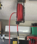 Retractable Air Hose Reel With Wall Or Ceiling Mount, Three Eighths Inch By Fifty Feet Hybrid Hose With Three Feet Lead In, mounted.