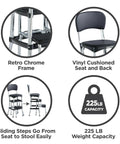 Retro Style Counter Height Chair With Pull Out Step Stool Cushioned Vinyl Seat And Back In Black And Chrome Finish features diagram