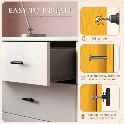 Installation guide for 100 Pack Bulk Matte Black Stainless Steel Cabinet Knobs With Single Hole T Bar Handles, shown on dresser.