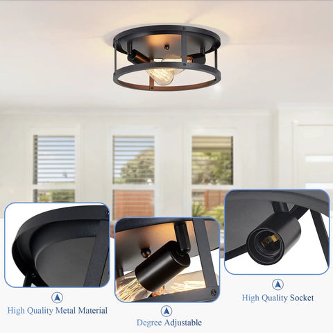 2 Pack 13 Inch Matte Black Flush Mount Ceiling Light Fixture, dope industrial farmhouse open frame, E26 base, installed view