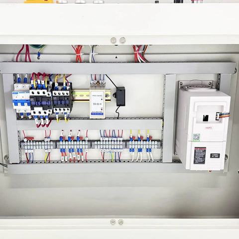 Dinenovate Industrial Heat Shrink Tunnel Machine With Energy Saving 304 Stainless Steel Heating Tubes For High Efficiency Production Runs On 220V 3PH 13KW Power Supply Systems For Packaging Operations electrical control panel with wiring and components.