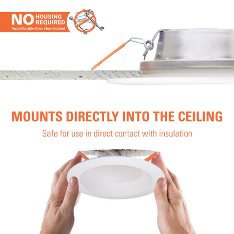 Six Inch Canless LED Recessed Ceiling Light Featuring Sleek Baffle Trim And Five Color Options Delivers A Knockout 750 Lumens Glow, mounted directly into the ceiling.