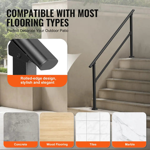 Five Step Outdoor Stair Hand Rail Kit for Concrete Steps and Porches in black with compatibility for various flooring types
