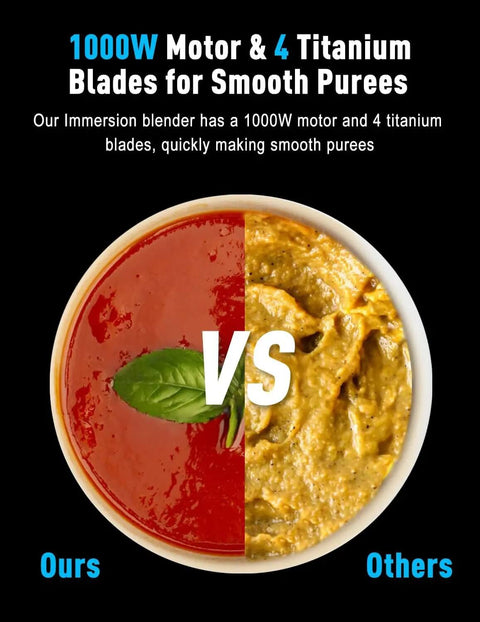 Heavy Duty 1000W Immersion Blender With 25 Adjustable Speed Settings And Tough Copper Brushless Motor showing smooth purees comparison.