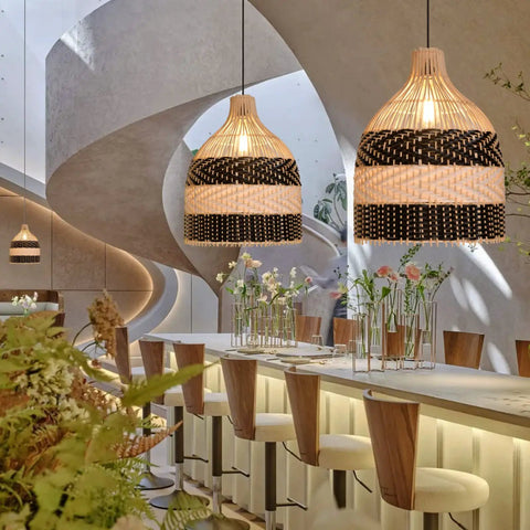 Rattan Pendant Light For Kitchen Island And Living Room And Bedroom Boho Woven Chandelier in modern dining setting