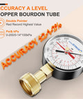 Front-right view of water pressure gauge with 2.5-inch dial and brass inlet, 0-200 PSI.