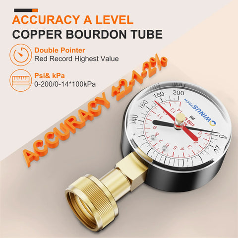 Front-right view of water pressure gauge with 2.5-inch dial and brass inlet, 0-200 PSI.