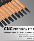 Close-up of a 12 Pack Square Drive Bit Set In Premium S2 Alloy Steel Pro Grade With Magnetic Heads, showing sizes SQ1 to SQ2.