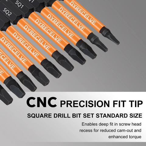 Close-up of a 12 Pack Square Drive Bit Set In Premium S2 Alloy Steel Pro Grade With Magnetic Heads, showing sizes SQ1 to SQ2.