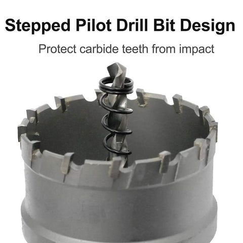 Heavy Duty 2 3/8 Inch Carbide Tipped Hole Saw Drill Bit Featuring Industrial TCT Cemented Teeth with stepped pilot design.