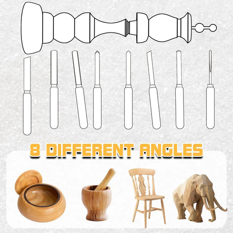 Eight Piece High Speed Wood Lathe Chisel Set With Parting Tool And Gouges For Effortless Woodturning Projects showcasing various angles of use.