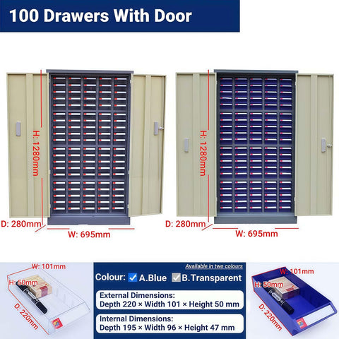 Heavy Duty Bolt Bin Cabinet With One Hundred Drawers For Nuts Bolts And Hardware Storage Featuring Smooth Tracks And Pre Made Labels, front view with doors open.