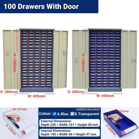 Heavy Duty Multi Drawer Storage Cabinet Built Tough For Nuts And Bolts Sorting with 100 drawers and door, 1280mm height.