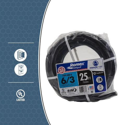 25 Ft 6-3 NM-B Cable NMWG Ground For Residential In-Wall Wiring Versatile Nonmetallic Cable Coiled Package