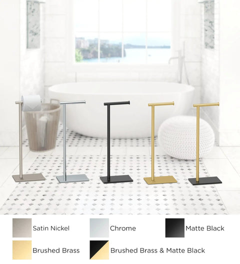 Collection of toilet paper holder stands in different finishes including Modern Square Base Toilet Paper Holder Stand In Matte Black No Drill Install Free Weighted And Padded Base For Stable Rust Resistant Metal Bathroom Accessory 22.25 Inch Tall.