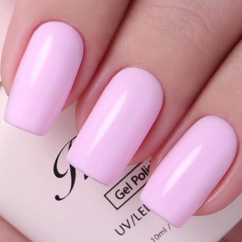 Close-up of nails painted with Milky Pink from HEMA Free Gel Nail Polish Set With Milky Pink And Pastel Pink, Two 10ml Bottles, UV LED Soak Off Kit