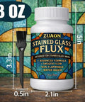 8oz Water Based Liquid Flux for stained glass soldering with included brush, dimensions shown, ideal for DIY projects.